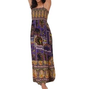 Anthropologie Maxi Dress Small Purple Yellow Smocked Sleep Flowy Boho Resortwear